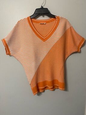 RIO & RIAN Woman’s Orange & White Striped V-Neck Knit Top